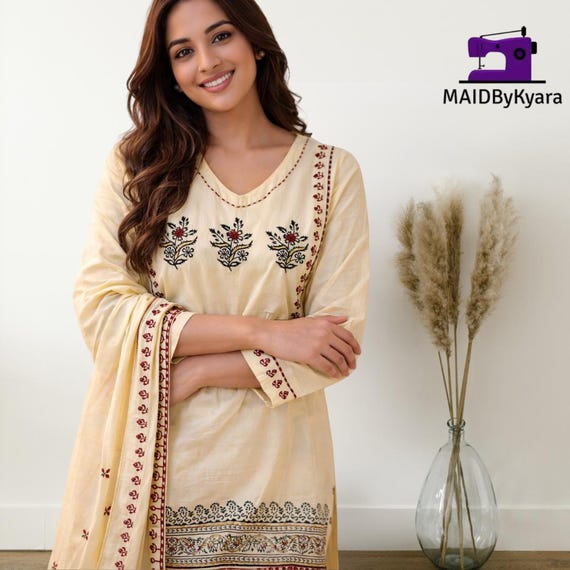 Light Yellow Cotton Kurti Set with Mirror Work & Hand Block Print Dupatta