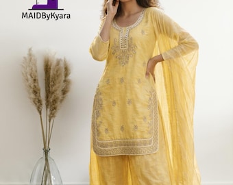 Hand Mirror Work Kurti Set with Plazzo & Dupatta | Gold Festive Indian Suit for Women