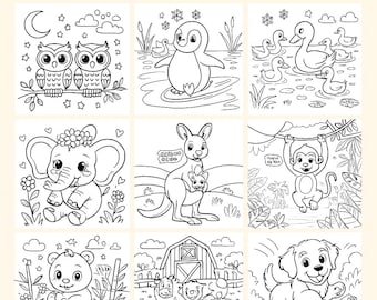Può includere: Pagine da colorare di animali in bianco e nero con vari animali, tra cui gufi, un pinguino, anatre, un elefante, un canguro, una scimmia, un orso, animali da fattoria e un cane. Il testo "ANIMAL COLORING PAGES" è in alto.