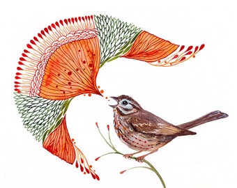 Sparrow bird tweet, Singing Sparrow artwork print by Ola Liola, size 10'x8'/A4 (No. 49)