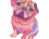 Pug dog, high quality art print, hot pink "Pugberry", size 8'x10'/A4 (No. 56)