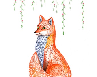 Sakura fox, spring animal art print 8'x10'/A4