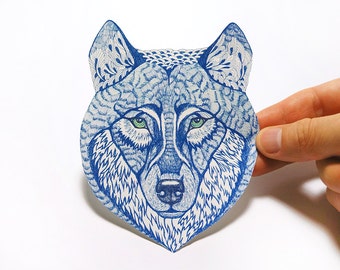 Blue Wolf Face wild animal sticker, 100% waterproof vinyl label.