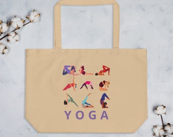 Large Organic Cotton Eco Tote Bag Yoga Poses
