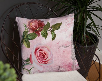 Roses in Paris Vintage Throw Pillow, French Home Decor