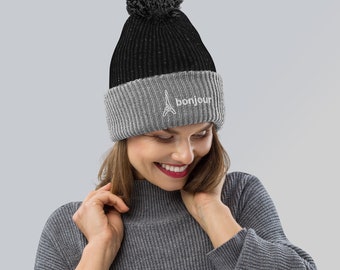 Bonjour Paris Eiffel Tower Speckled Pom-Pom Beanie