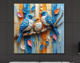 Row of Bluebirds Canvas Wall Art, Blue Bird Print for Home, Nature Wall Decor, Gift for Her, Farmhouse Animal Art, Country Cottage Style art