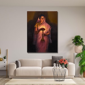 Glow Lady With The Lamp Poster Canvas Wall Art,Glow Of Hope by Raja Ravi Varma Paintings,Indian Painting Canvas Wall Art,Glow of Hope  Print