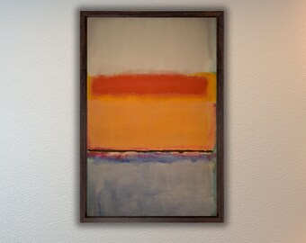Puede incluir: Obra de arte abstracta enmarcada con bloques de color horizontales. La pintura muestra una paleta de tonos naranja, rojo y azul, con una fina línea negra que separa los colores. La obra de arte está encerrada en un marco marrón oscuro.