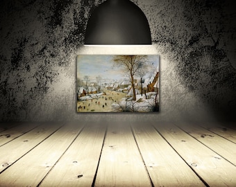 May include: A framed painting depicting a winter scene with a village, bare trees, and figures on a frozen waterway. The artwork is illuminated by a black overhead light, set against a textured gray wall and wooden floor.