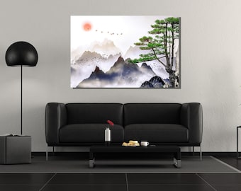 Japanese Pine Tree and Birds Landscape Wall Art,,Japanese Wall Decor,Mountain Canvas Wall Art Print,landscape print,Vintage Japanese poster