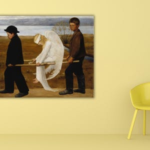 May include: A framed painting depicts three figures carrying a person with angel wings. The figures are dressed in dark clothing, and the angel is in white. The background shows a landscape with a body of water and a cloudy sky.