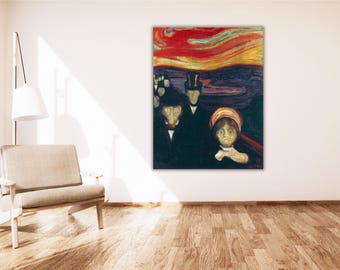 May include: A framed print of Edvard Munch's "The Scream" hangs on a white wall. The artwork depicts a figure with a wide-eyed expression against a swirling, colorful sky. Other figures are in the background.