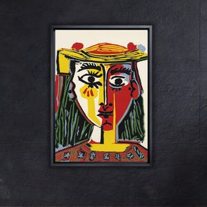 パブロ・ピカソ、青い帽子をかぶった女性、リネンキャンバスの油絵複製