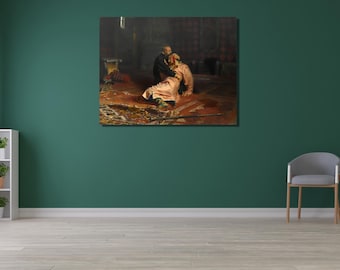 May include: An oil painting depicts two figures in a dimly lit interior. One figure, dressed in light-colored clothing, is on the floor, while another, in dark attire, leans over them. The scene is set on a patterned rug.