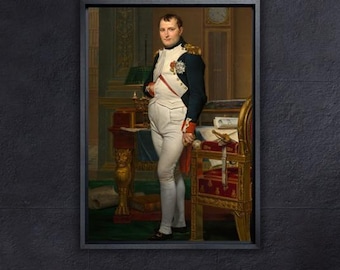 May include: A framed portrait of a man in a military uniform, standing in a room with a desk and chair. The man is wearing a white uniform with a dark blue jacket and red accents. The portrait is in a black frame.