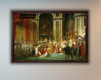 May include: A framed print of a historical painting depicting a coronation scene. The artwork features numerous figures in ornate attire, with a focus on a central figure being crowned. The color palette includes reds, golds, and greens.