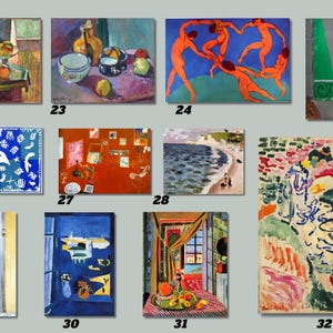 Könnte beinhalten: Eine Sammlung farbenfroher Gemälde, jedes gerahmt und nummeriert. Die Kunstwerke zeigen verschiedene Szenen, darunter Stillleben mit Früchten, abstrakte Figuren, Landschaften und Innenansichten. Die Gemälde zeigen eine Reihe von Stilen und Farbpaletten.