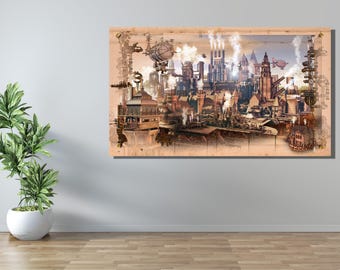Steampunk City Canvas Print, Retro Industrial Wall Art