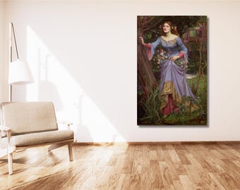 May include: A framed art print of a woman in a long, flowing gown standing in a lush garden. The artwork features a color palette of blues, purples, and gold, with detailed brushstrokes and a classical style. The woman is surrounded by greenery and flowers.