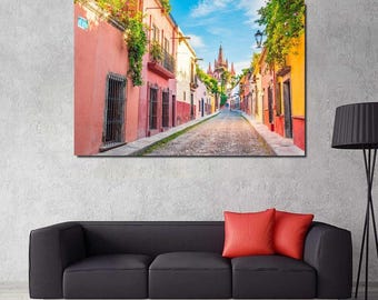 Impresión del paisaje urbano de San Miguel, México, arte de pared en lienzo de México, arte de pared de arquitectura, arte contemporáneo, decoración de pared moderna de moda, arte de pared de paisaje urbano,