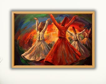 Islamic Dervish Canvas Wall Art,Whirling Dervish Oil Painting Art Print,Extra Large Canvas Wall Art,Islamic Wall Art Decor,Mosque Wall Decor