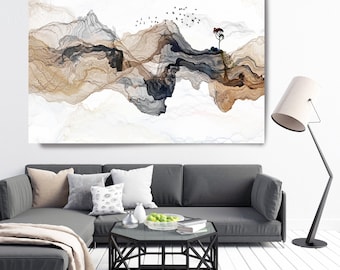 Japanese Mountain Birds Tree  Landscape Wall Art,Japanese Wall Decor,Mountain Canvas Wall Art Print,Vintage poster art,Mountain art print