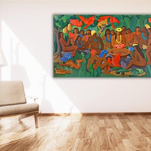 May include: A large, colorful painting depicting a group of people in a lush, green environment. The artwork features figures with brown skin, adorned with flowers and jewelry. Red birds and a monkey are also visible. The painting is displayed on a white wall.