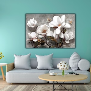 Weiße Magnolie WAND KUNST, Magnolie Poster Druck, Blumen Wandkunst, Blumen Plakat, Botanische Leinwand Kunst, Housewarming Geschenke, Wohnzimmer Dekor
