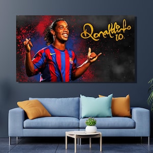 Póster de Ronaldinho, lienzo de Ronaldinho para pared, regalo de fútbol, regalo para futbolista, regalo para fan del Barcelona, decoración de sala de juegos.