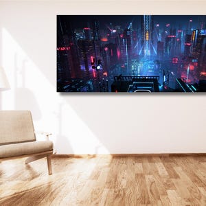 Neo Futuristic Cyberpunk City Canvas Poster,Cyberpunk City Canvas Wall Art,Man Cave Home Wall Decor,Canvas Print,Living Room Wall Art Decor