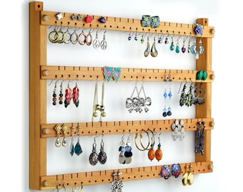 Wall Mount Earring Holder, Hanging Jewelry Holder. Cherry Wood, Wooden, Holds 96 Pairs of Earrings. Earring Display.