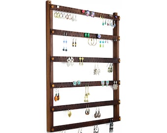 Earring Organizer, Earring Holder, Black Walnut, Wood. 144 Pairs. 6-Bar Wall Mount Jewelry Display - Jewelry Organizer
