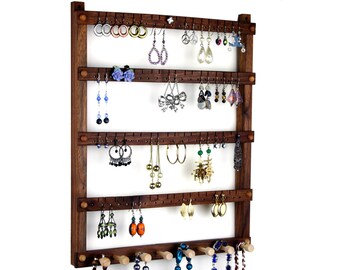 Black Walnut Wooden Earring Organizer | Wall Mount| Holds up to 72 pairs of Earrings with 8 pegs for Necklaces and Bracelets