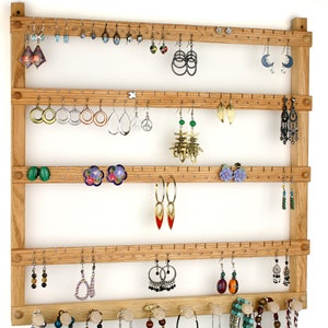 Earring Holder - Jewelry Organizer plus Necklace Organizer Rack, Oak, Wood. Wall Mounted. Holds up to 96 Pairs of Earrings, 10 Pegs