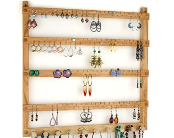 Oak Wall Mounted Earring Holder – Jewelry Organizer with Necklace Rack