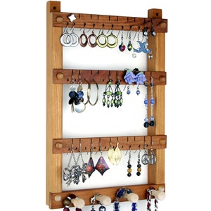 Wooden Jewelry Holder - Hanging Earring Display, Cherry, 4 Jewelry Organizer Pegs. Holds 30 pairs.  Wall Mount Earring Holder