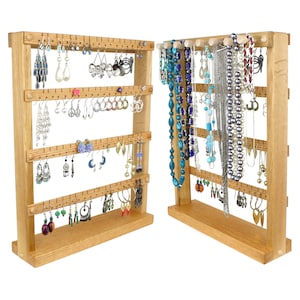 Earring Holder Stand - Jewelry Display, Oak, Wood, plus Necklace Organizer. Holds up to 72 pairs, plus 8 pegs. Jewelry Holder