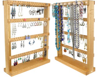 Earring Holder Stand - Jewelry Display, Oak, Wood, plus Necklace Organizer. Holds up to 72 pairs, plus 8 pegs. Jewelry Holder