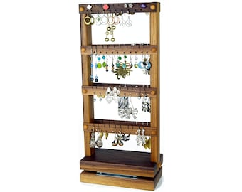 Spinning Double-Sided Earring Holder Stand - Rotating Jewelry Display, Black Walnut Wood, Holds 80 pairs. Jewelry Holder - Earring Display