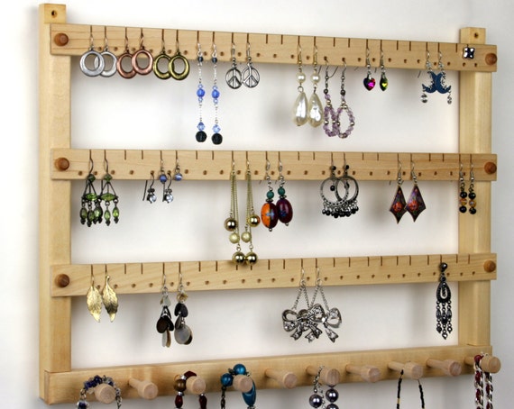 Basswood Wall Mount Jewelry Organizer Earring Organizer Holds 96