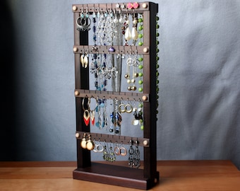 Earring Holder Stand - Jewelry Organizer, Peruvian Walnut, Wood, with Necklace Holder Rack. Chocolate Brown. Holds 40 pairs, 4 pegs.