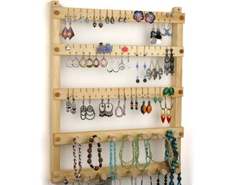 Earring Holder|Jewelry Organizer | Hanging | Wood | Basswood | 2 Necklace Bars | Holds up to 54 pairs of Earrings, plus 15 pegs.