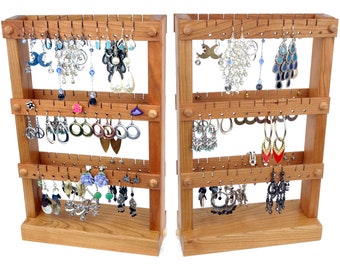 Soporte para pendientes de madera de cerezo, organizador de joyas de doble cara