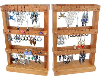 Cherry Wooden Jewelry Organizer, Jewelry Display Stand, Double-Sided.  Holds up to 60 pairs of Earrings.  Earring Holder.