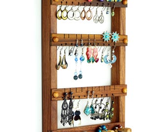 Wall Mount Jewelry Display, Black Walnut | Jewelry Holder | Hanging Earring Holder | Holds 30 Pairs of Earrings with 4 Necklace Pegs