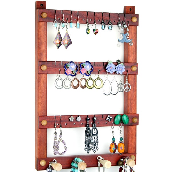 Earring Holder - Jewelry display, Bloodwood, Red, Wood, Hanging, Necklace Organizer. Holds 30 pairs of Earrings, 4 pegs. Jewelry Holder