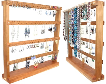 Cherry Wood Earring Holder Stand – Necklace Organizer, Holds 96 Pairs