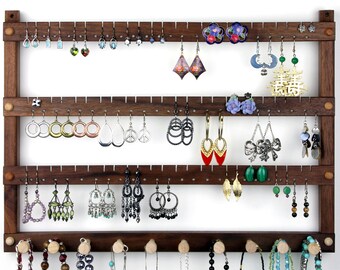 Black Walnut Jewelry Holder - Earring Holder, Hanging, Wood. Holds 72 pairs plus 10 peg Necklace Holder.  Wall Mounted Jewelry Organizer