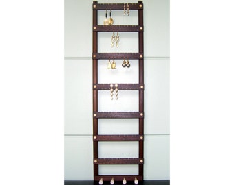 Peruvian Walnut 70 Pair Hanging Earring Holder - Jewelry Organizer, Necklace Display, 4 pegs.  Wall Mounted Jewelry Display. Jewelry Holder